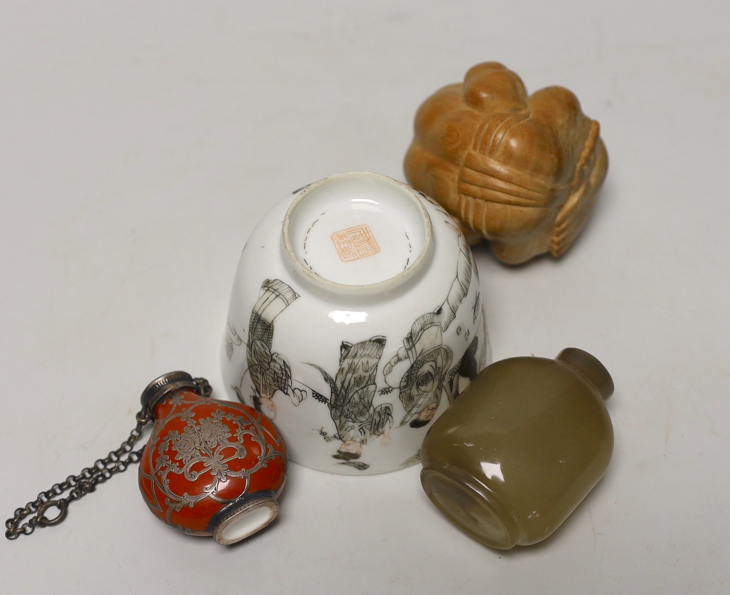 A 19th century Chinese enamelled porcelain cup, two carvings and two scent bottles